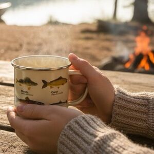 Enameled steel coffee cup with illustrated fish